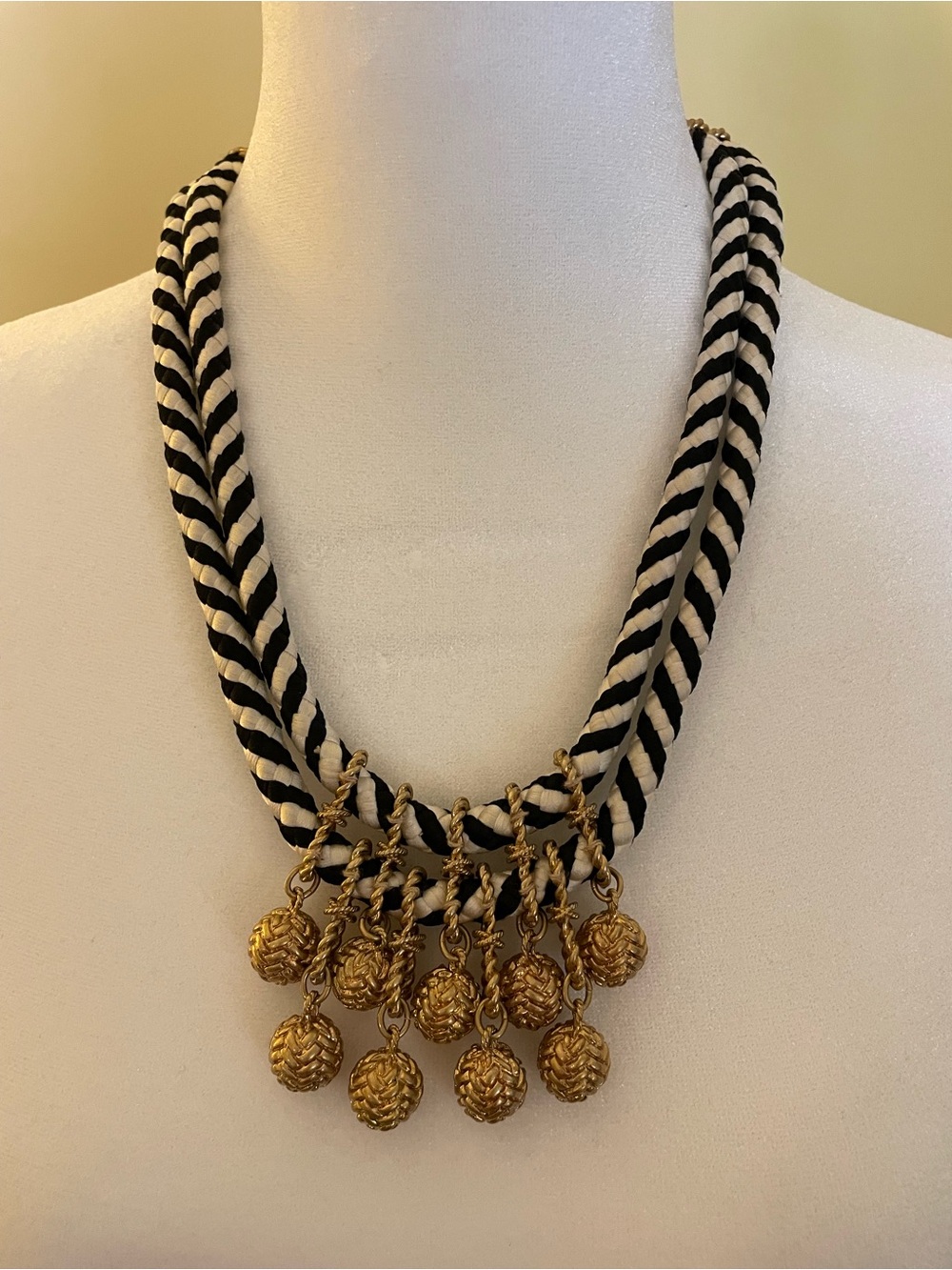 Stella & Dot Black and White Braided Rope Necklace with Gold Charm Drops